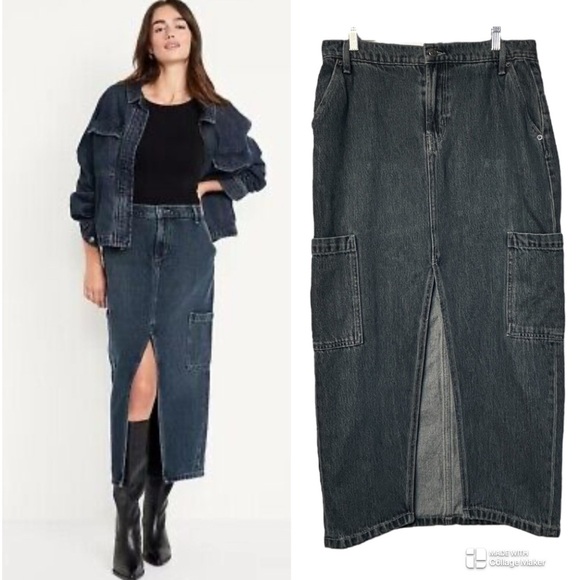 Dark Denim cargo Maxi Skirt with Front Slit - Picture 1 of 6